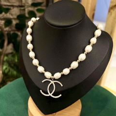  Vòng Cổ Choker Chanel Màu Vàng Chuỗi Ngọc Trai Thiên Nhiên & Pha Lê Trắng Sang Trọng 