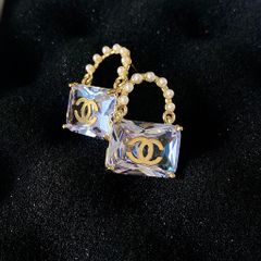  Bông Tai Chanel Túi Xách Bản To Màu Vàng Pha Lê Trắng & Ngọc Trai (BU) 