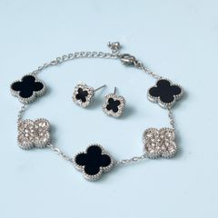  Bộ Trang Sức Cỏ 4 Lá May Mắn Trắng Đen Size 1cm - Dây Chuyền, Vòng Tay & Bông Tai Pha Lê (AN) 