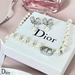  Bộ Trang Sức Dior Trắng - Vòng cổ Choker & Bông Tai Ngọc Trai, Pha Lê 3 Kiểu Đeo Quý Phái (AA) 