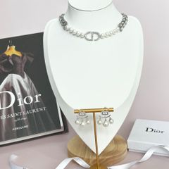  Bộ Trang Sức Dior Trắng - Vòng cổ Choker & Bông Tai Ngọc Trai, Pha Lê Quý Phái (AF) 