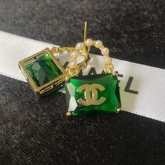  Bông Tai Túi Xách Chanel Bản To Màu Vàng Pha Lê xanh & Ngọc Trai (BV) 