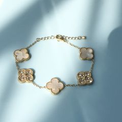  Bộ Trang Sức Cỏ 4 Lá May Mắn - Vòng Tay & Bông Tai Màu Vàng Bản To Pha Lê (AL) 