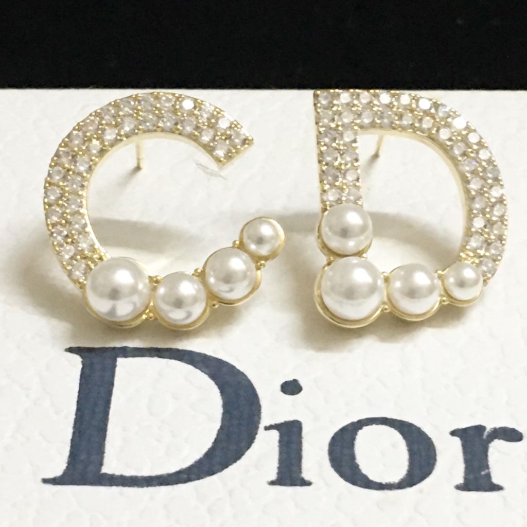  Bông Tai Dior Màu Vàng Bản To Ngọc Trai & Pha Lê Trắng (AE) 