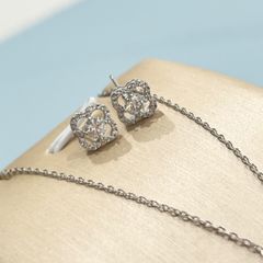  Bộ Trang Sức Bạc Cao Cấp - Dây Chuyền & Bông Tai Cỏ 4 Lá May Mắn (AQ) 