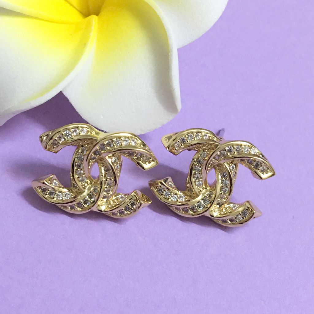  Bông Tai Chanel Màu Vàng Pha Lê Trắng (AZ) 