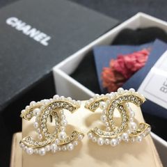  Bông Tai Chanel Bản To Màu Vàng Ngọc Trai & Pha Lê Trắng (BD) 