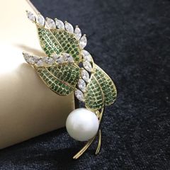  Cài Áo 3 Chiếc Lá Ngọc Trai & Pha Lê Xanh Sang Trọng (AI) 