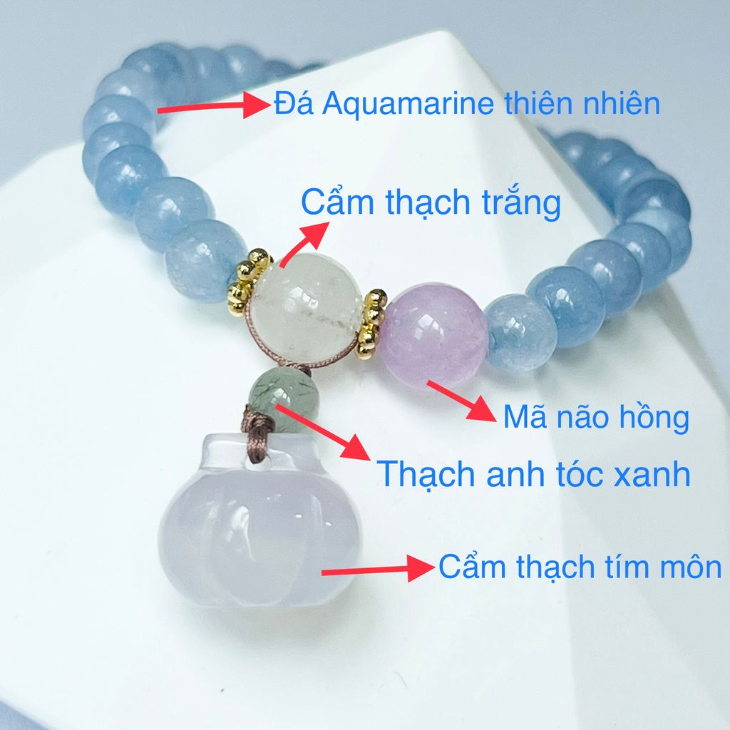  Vòng Tay Phong Thuỷ Cao Cấp - Quả Bí Đá Mã Não, Đá Aquamarine, Thạch Anh Tóc Xanh 