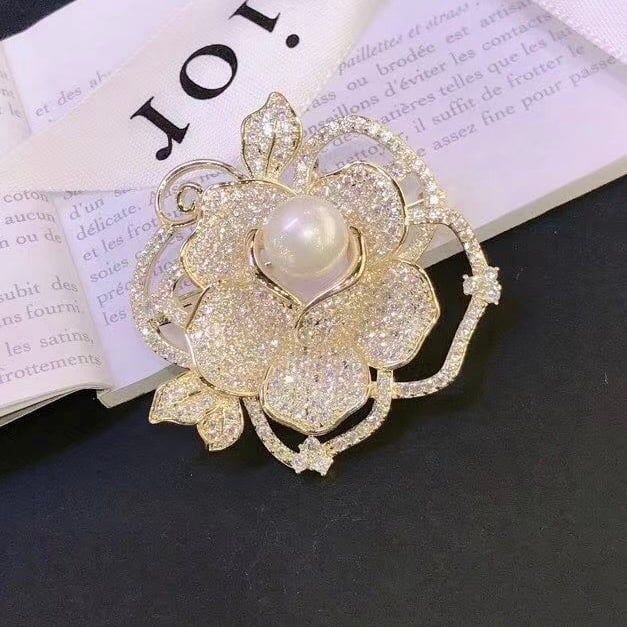  Cài Áo Hoa Hồng Vàng Ngọc Trai & Pha Lê Trắng (AK) 