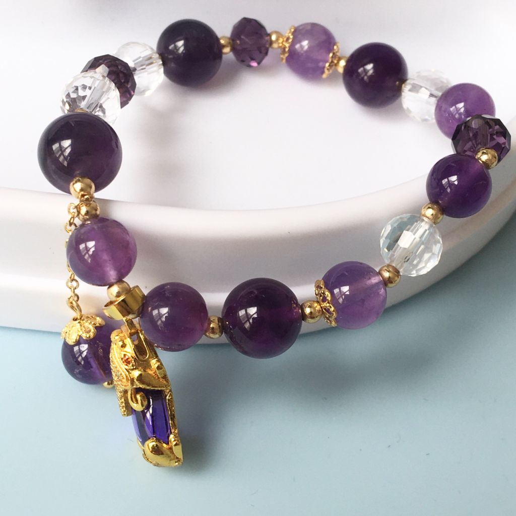  Vòng Đá Phong Thuỷ Cao Cấp - Con Tỳ Hưu Tài Lộc Thạch Anh Tím & Trắng Tự Nhiên 