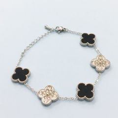 Bộ Trang Sức Cỏ 4 Lá May Mắn - Vòng Tay & Bông Tai Màu Trắng Đen Pha Lê (AH) 