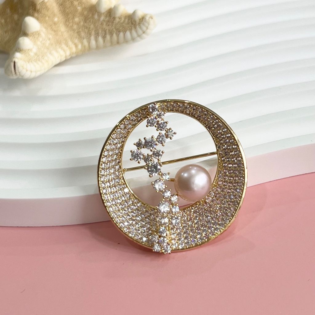  Cài Áo Mặt Trăng Pha Lê & Ngọc Trai Tự Nhiên 