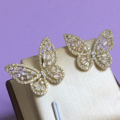  Bông Tai Đôi Bướm Vàng Bản To Pha Lê Trắng (AI) 