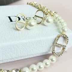  Bộ Trang Sức Dior Vàng - Vòng cổ Choker & Bông Tai Ngọc Trai, Pha Lê Quý Phái (AJ) 