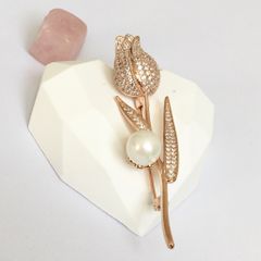  Cài Áo Hoa Tulip Màu Vàng Hồng Ngọc Trai & Pha Lê Trắng (AV) 