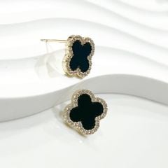  Bông Tai Cỏ 4 Lá May Mắn Màu Đen 1,4cm Pha Lê Trắng (AE) 