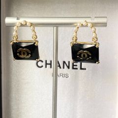  Bông Tai Túi Xách Chanel Bản To Màu Vàng Pha Lê Đen & Ngọc Trai (BW) 