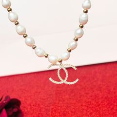  Vòng Cổ Choker Chanel Màu Vàng Chuỗi Ngọc Trai Thiên Nhiên & Pha Lê Trắng Sang Trọng 