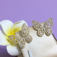  Bông Tai Đôi Bướm Vàng Bản To Pha Lê Trắng (AI) 