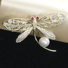  Cài Áo Nam, Nữ - Con Chuồn Chuồn Vàng Bản To Ngọc Trai & Pha Lê Đỏ, Trắng 