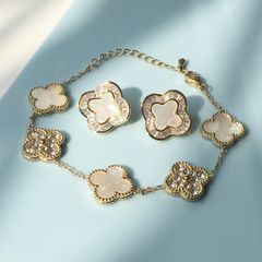  Bộ Trang Sức Cỏ 4 Lá May Mắn - Vòng Tay & Bông Tai Màu Vàng Bản To Pha Lê (AL) 