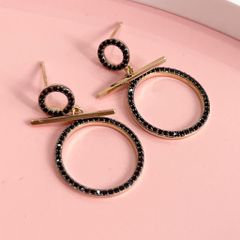  Bông Tai 2 Vòng Tròn Màu Vàng Pha Lê Đen Tinh Tế 