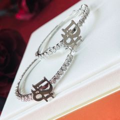  Bông Tai Khoen Tròn Dior Màu Trắng 4,3cm Pha Lê (BW) 