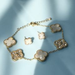  Bộ Trang Sức Cỏ 4 Lá May Mắn - Vòng Tay & Bông Tai Màu Vàng Size Nhỏ Pha Lê (AK) 