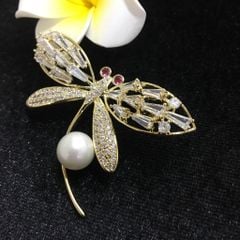  Cài Áo Nam, Nữ - Con Chuồn Chuồn Vàng Bản To Ngọc Trai & Pha Lê Đỏ, Trắng 