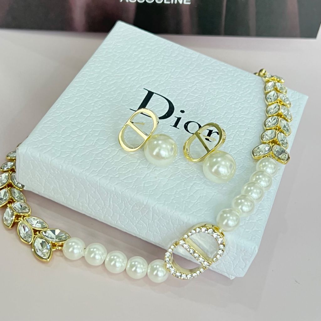  Bộ Trang Sức Dior Vàng - Vòng cổ Choker & Bông Tai Ngọc Trai, Pha Lê Quý Phái (AJ) 