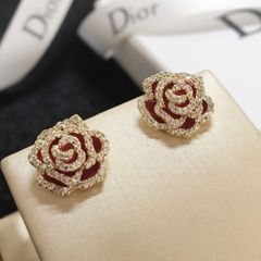  Bông Tai Hoa Hồng Đỏ Viền Vàng Pha Lê Trắng (BC) 