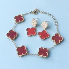  Bộ Trang Sức 2 Mặt Cỏ 4 Lá May Mắn - Vòng Tay & Bông Tai Màu Đỏ Bản To Pha Lê (AF) 