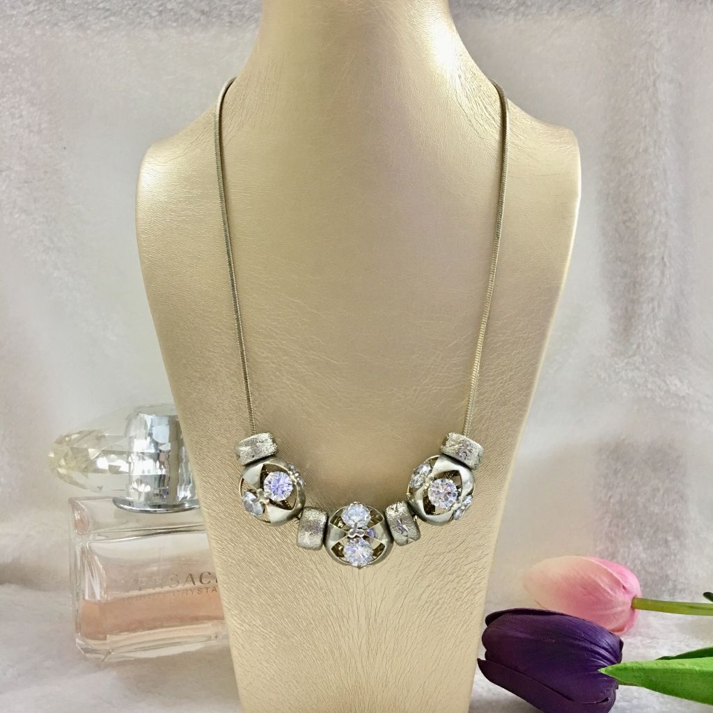  Dây Chuyền Ngắn - 3 Quả Cầu Màu Vàng Đồng Pha Lê Trắng 