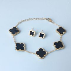  Bộ Trang Sức Cỏ 4 Lá May Mắn Vàng Đen Size 1cm - Dây Chuyền, Vòng Tay & Bông Tai Pha Lê (AP) 