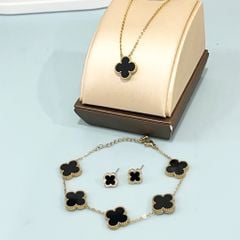  Bộ Trang Sức Cỏ 4 Lá May Mắn Vàng Đen Size 1cm - Dây Chuyền, Vòng Tay & Bông Tai Pha Lê (AP) 