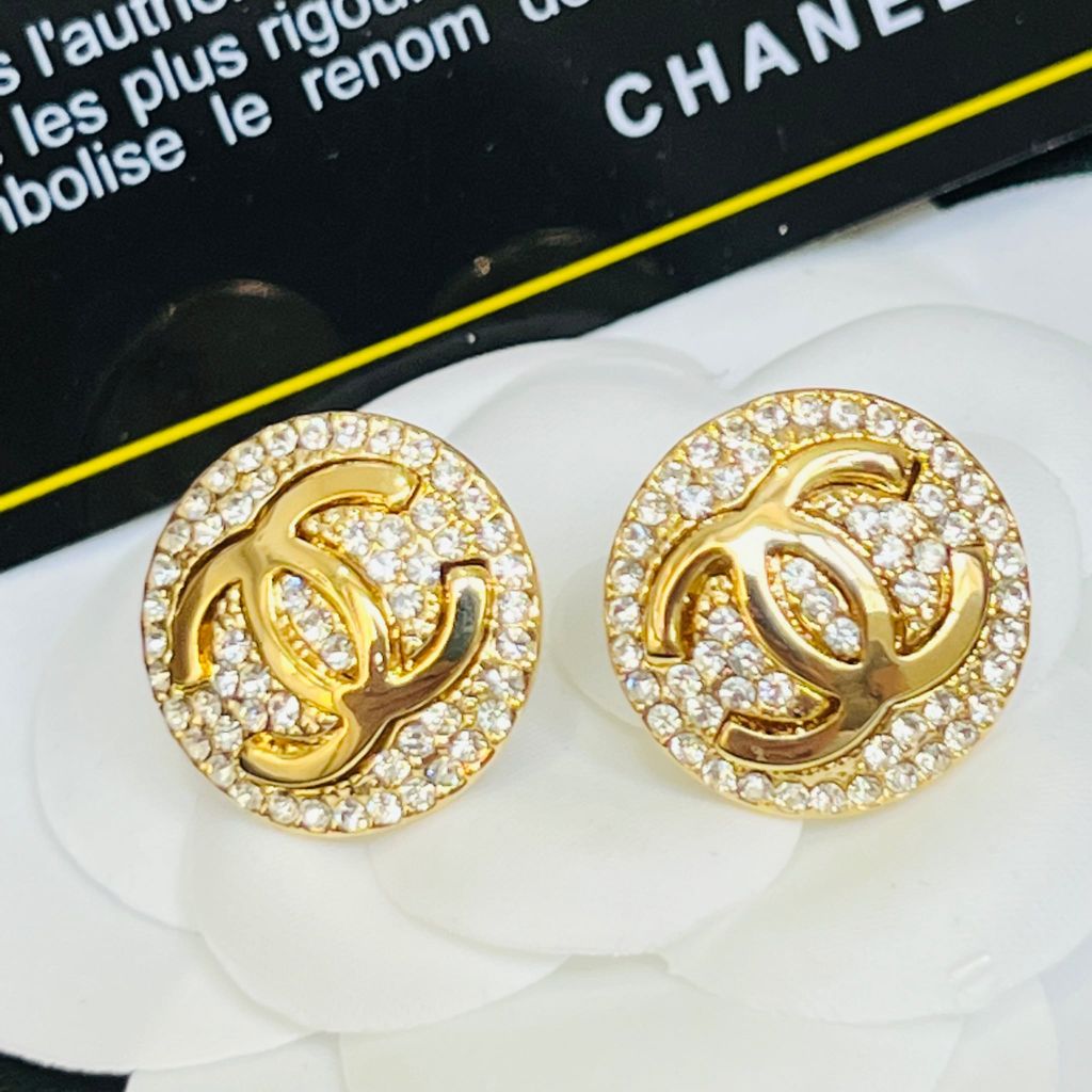  Bông Tai Chanel Bản To Màu Vàng Pha Lê Trắng (CJ) 