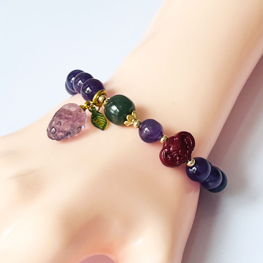  Vòng Đá Phong Thuỷ Cao Cấp - Trái Dâu Đá Thạch Anh Tím & Đá Chu Sa Tự Nhiên 