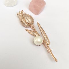  Cài Áo Hoa Tulip Màu Vàng Hồng Ngọc Trai & Pha Lê Trắng (AV) 