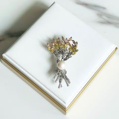  Cài Áo & Mặt Dây Chuyền - Bó Hoa Màu Trắng Pha Lê Vàng & Ngọc Trai 