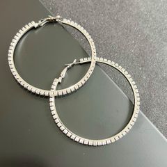  Bông Tai Khoen Tròn Bản To Màu Trắng 7,3cm Pha Lê (BO) 