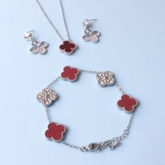  Bộ Trang Sức Cỏ 4 Lá May Mắn - Dây Chuyền, Vòng Tay & Bông Tai Màu Đỏ Pha Lê Trắng (AJ) 