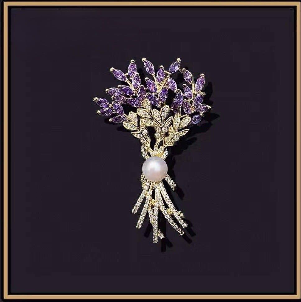  Cài Áo & Mặt Dây Chuyền - Bó Hoa Màu Vàng Pha Lê Tím & Ngọc Trai 