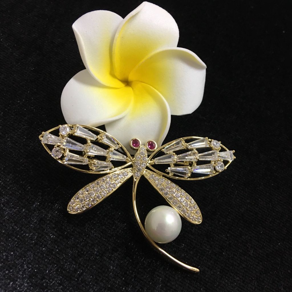  Cài Áo Nam, Nữ - Con Chuồn Chuồn Vàng Bản To Ngọc Trai & Pha Lê Đỏ, Trắng 