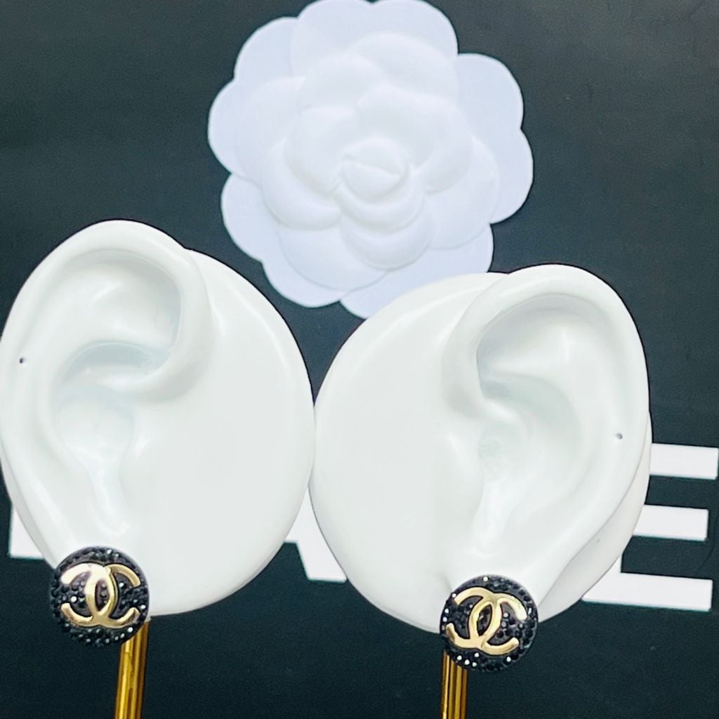  Bông Tai Chanel Bản To Màu Vàng Pha Lê Đen Cá Tính (CK) 