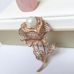  Cài Áo Hoa Hồng Màu Vàng Hồng Ngọc Trai & Pha Lê Trắng (AW) 