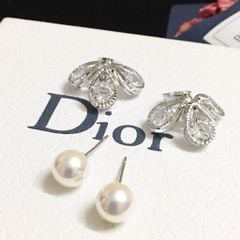  Bộ Trang Sức Dior Trắng - Vòng cổ Choker & Bông Tai Ngọc Trai, Pha Lê 3 Kiểu Đeo Quý Phái (AA) 