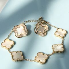  Bộ Trang Sức Cỏ 4 Lá May Mắn - Vòng Tay & Bông Tai Màu Vàng Bản To Pha Lê (AL) 