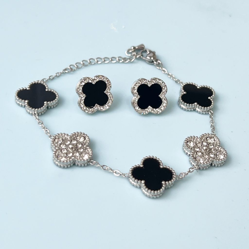  Bộ Trang Sức Cỏ 4 Lá May Mắn Vàng Đen Size 1,5cm - Dây Chuyền, Vòng Tay & Bông Tai Pha Lê (AO) 