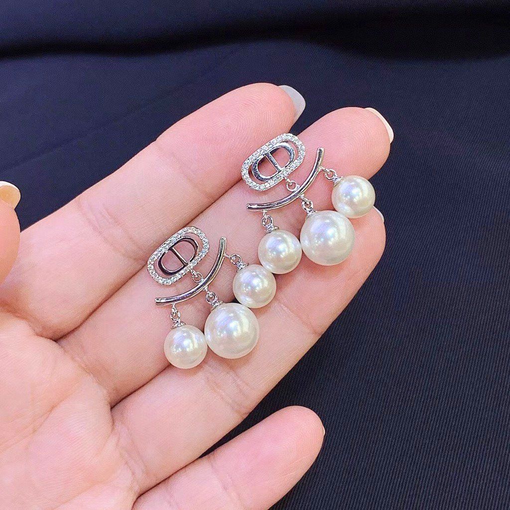  Bộ Trang Sức Dior Trắng - Vòng cổ Choker & Bông Tai Ngọc Trai, Pha Lê Quý Phái (AF) 